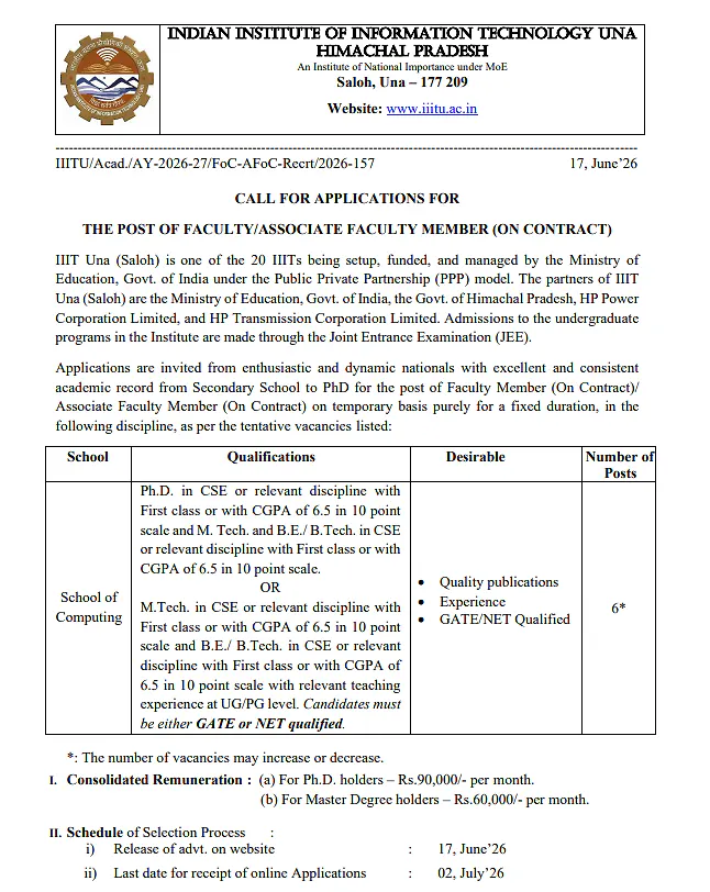 IIIT Una Invites Applications for Faculty/Associate Faculty Members (On Contract) in School of Computing