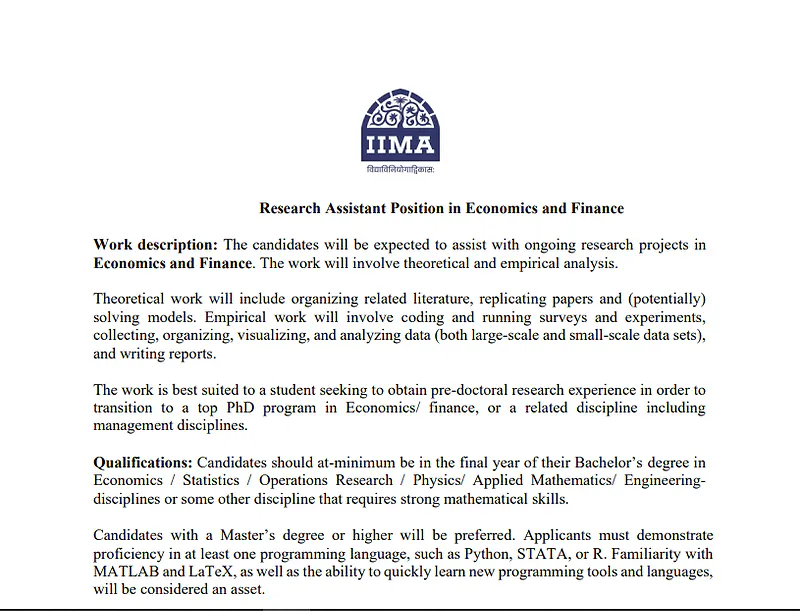 Research Assistant Vacancy in Economics and Finance: IIM Ahmedabad