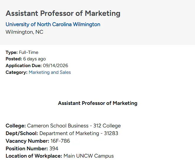 Faculty Opportunity: Assistant Professor of Marketing (Tenure-Track) – University of North Carolina Wilmington
