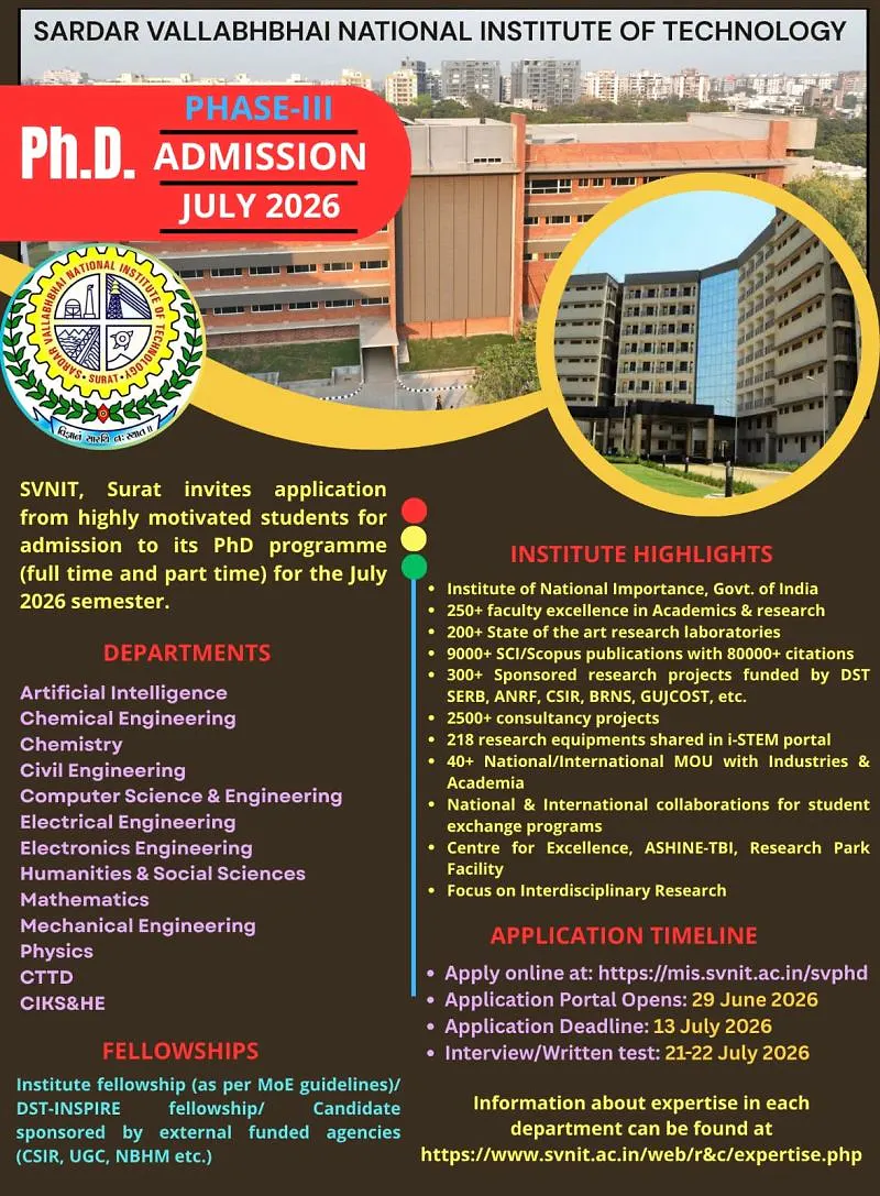 SVNIT Surat Ph.D. Admissions (July 2026) Phase-III: Apply Now for Full-Time and Part-Time Programmes