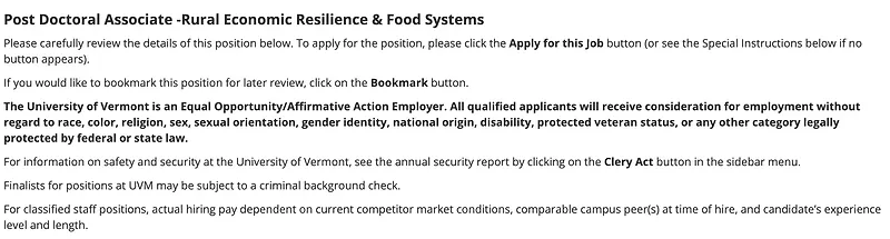 Post Doctoral Associate – Rural Economic Resilience & Food Systems – University of Vermont