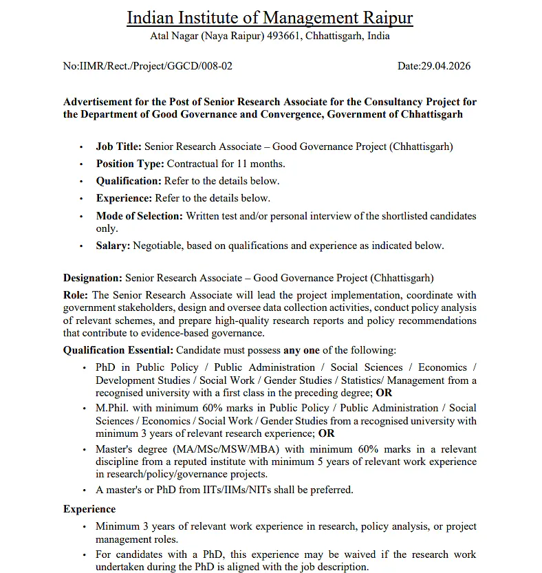 Senior Research Associate Recruitment 2026 – IIM Raipur
