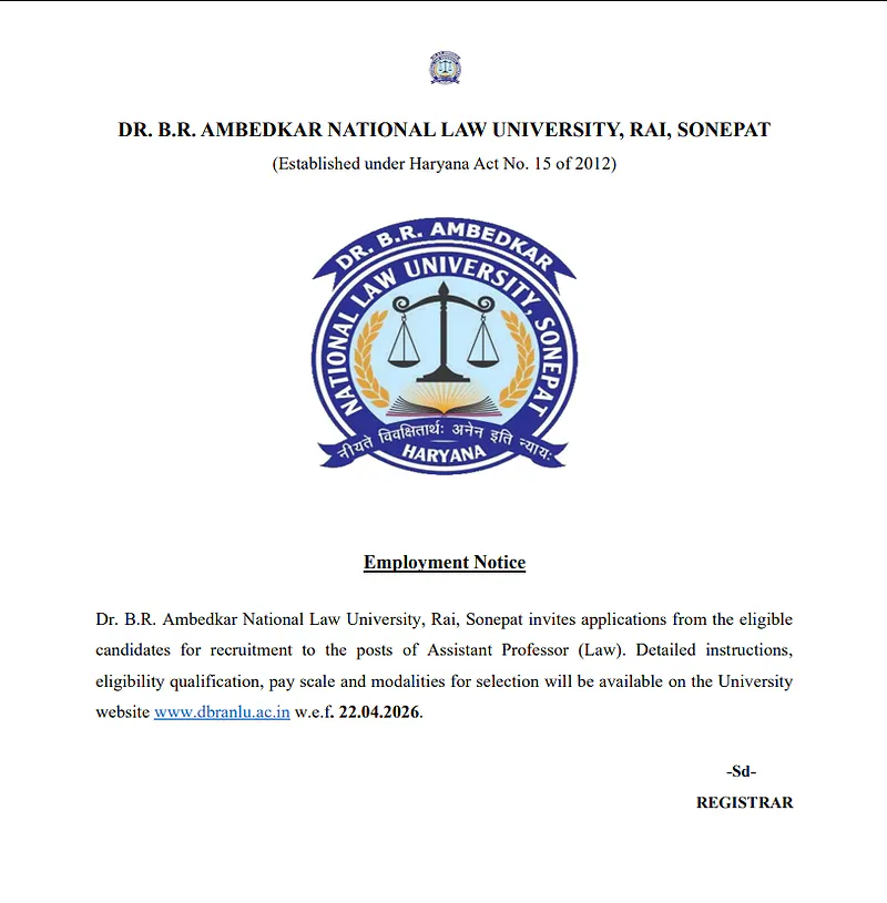 Assistant Professor (Law) Recruitment 2026 – Dr. B.R. Ambedkar National Law University, Sonipat