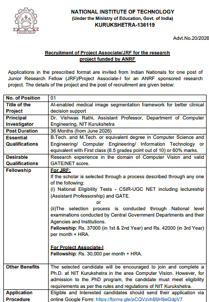 NIT Kurukshetra JRF/Project Associate-I Recruitment 2026 – Apply for ANRF Funded Research Project