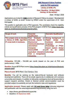 Research Fellow Recruitment 2026 at BITS Pilani Goa – DRDO Funded AIML IP Cores Project