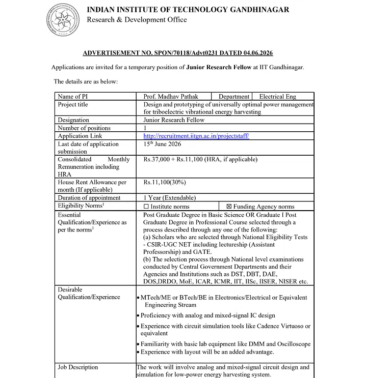 IIT Gandhinagar Recruitment 2026: Junior Research Fellow (JRF) Position in Electrical Engineering