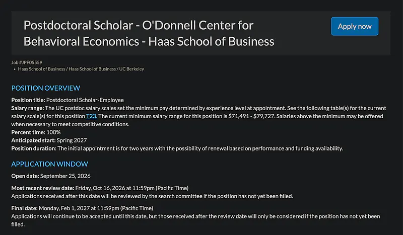 Postdoctoral Opportunity: Postdoctoral Scholar – O'Donnell Center for Behavioral Economics – UC Berkeley