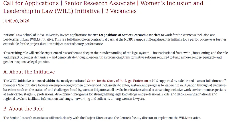 National Law School of India University Invites Applications for Senior Research Associate Positions 