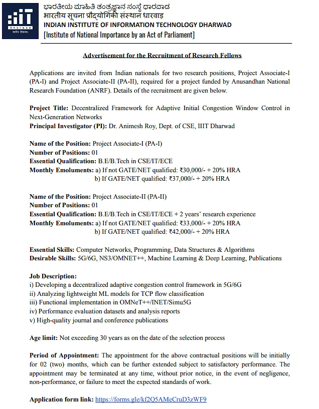 IIIT Dharwad Recruitment 2026: Project Associate-I & Project Associate-II Positions under ANRF Project
