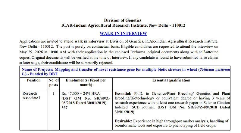 ICAR-IARI Walk-in Interview 2026 : Research Associate I Vacancy