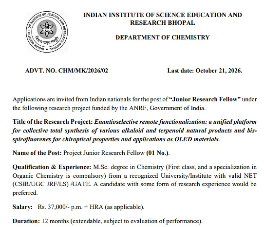 Junior Research Fellow (JRF) Recruitment 2026 at IISER Bhopal – Department of Chemistry
