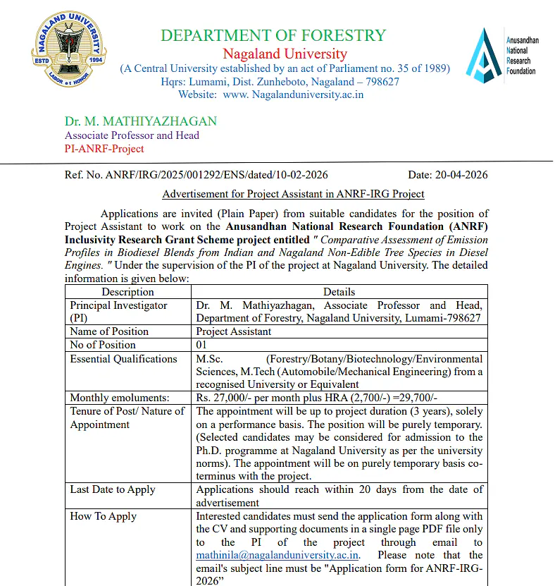 Project Assistant Recruitment 2026: Nagaland University (ANRF-IRG Project)