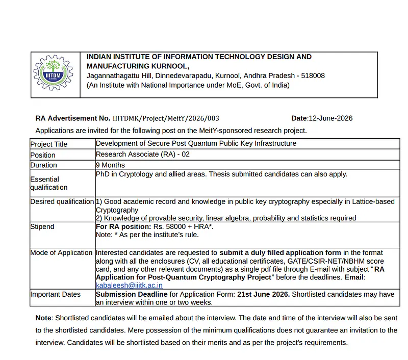 IIITDM Kurnool Recruitment 2026 | Research Associate (RA) Positions in Post-Quantum Cryptography Project