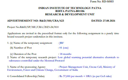 Junior Research Fellow Recruitment 2026 at IIT Patna – MoEFCC Sponsored Research Project
