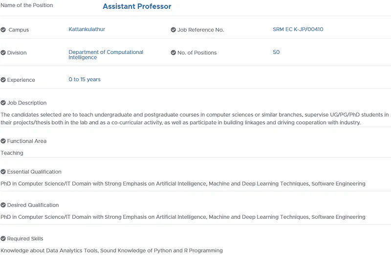 Assistant Professor Recruitment – Department of Computational Intelligence, SRM Institute of Science and Technology
