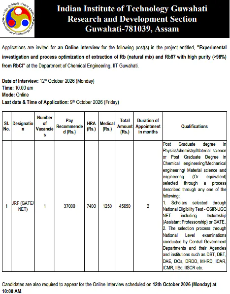 Junior Research Fellow (JRF) Recruitment 2026 at IIT Guwahati – Chemical Engineering