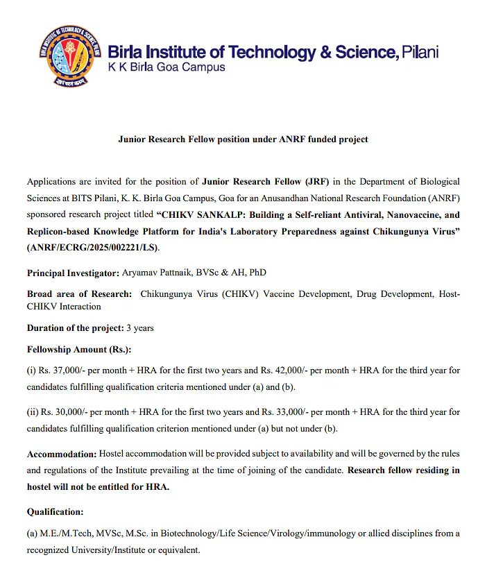Junior Research Fellow (JRF) Recruitment 2026 at BITS Pilani, K K Birla Goa Campus