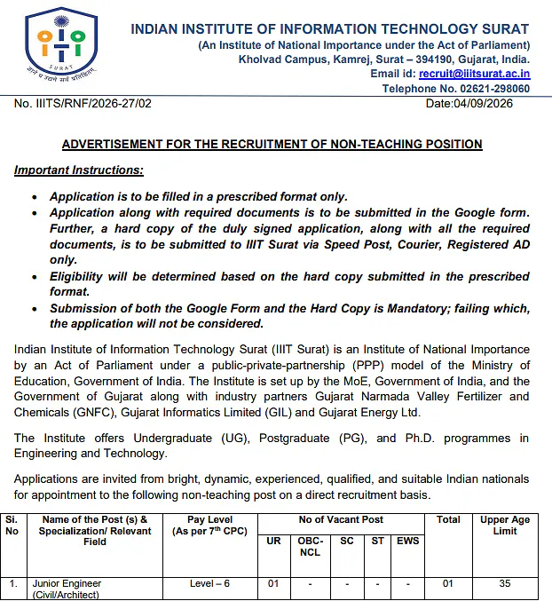 Junior Engineer Recruitment 2026 at IIIT Surat – Non-Teaching Position
