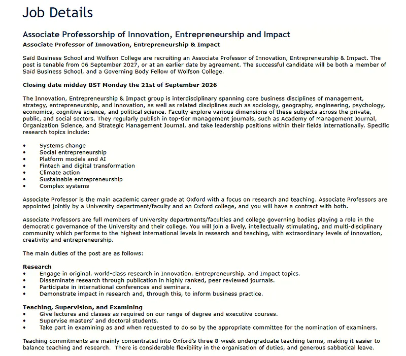 Associate Professorship of Innovation, Entrepreneurship and Impact | University of Oxford