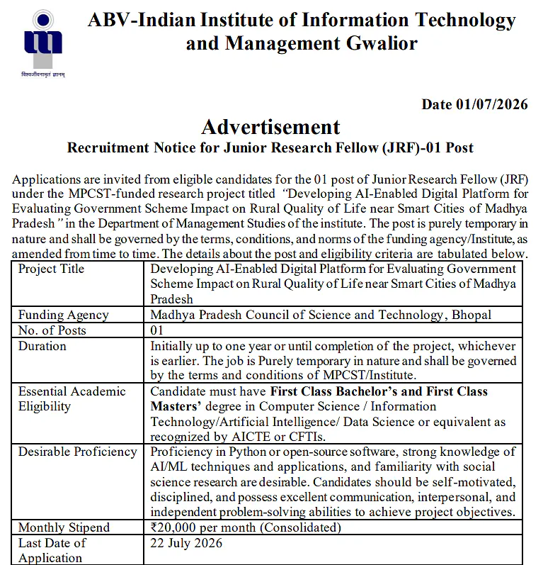 IISER Bhopal Recruitment 2026: Apply for JRF/SRF Positions Under SERB Core Research Grant Project