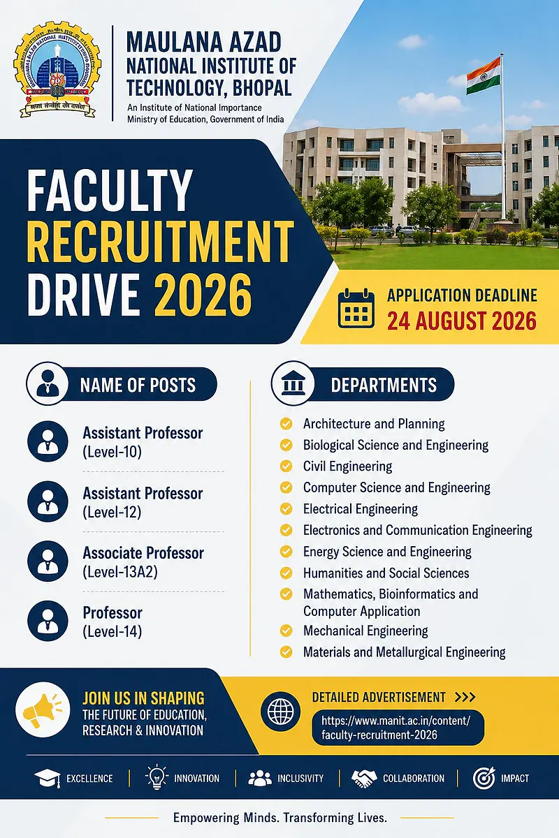MANIT Bhopal Faculty Recruitment 2026: Apply for Professor, Associate Professor and Assistant Professor Posts