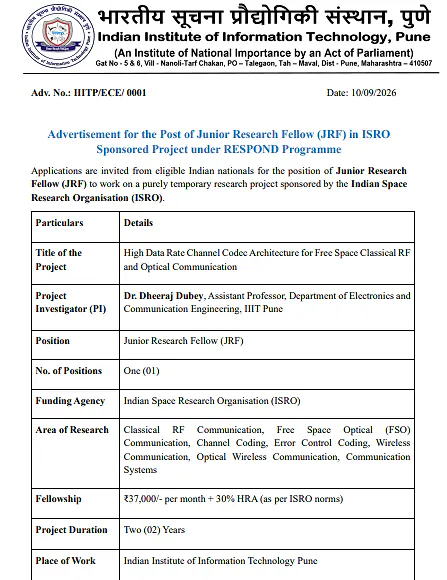 IIIT Pune Junior Research Fellow (JRF) Recruitment 2026 – ISRO Sponsored Project