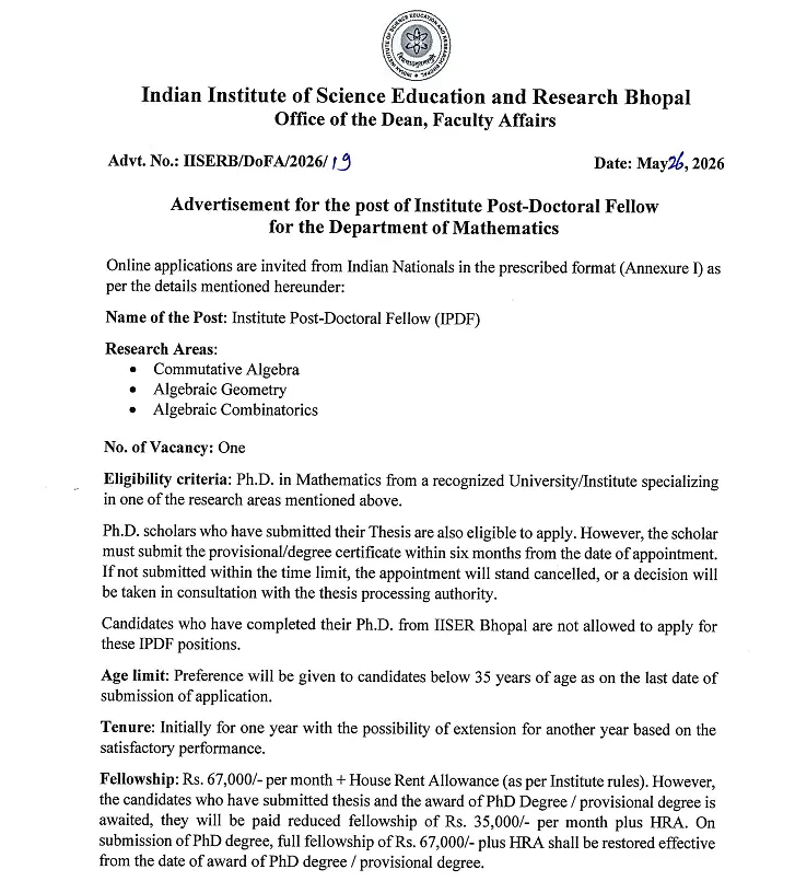 IISER Bhopal Recruitment 2026 – Institute Post-Doctoral Fellow (IPDF) in Mathematics