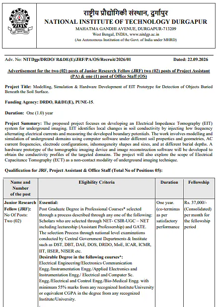 JRF, Project Assistant & Office Staff Recruitment 2026 – NIT Durgapur