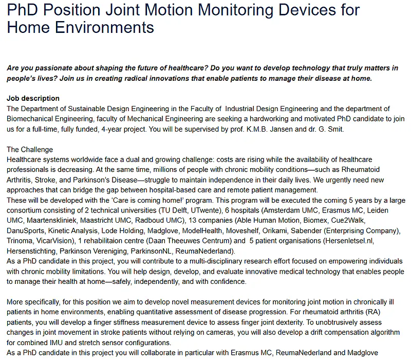 TU Delft PhD Position 2026: Joint Motion Monitoring Devices for Home Environments