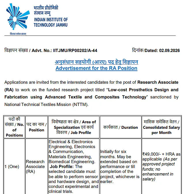 Research Associate Recruitment 2026 at IIT Jammu – NTTM Funded Prosthetics Research Project