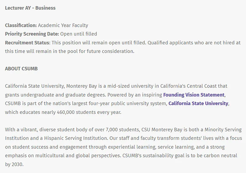 California State University Monterey Bay Lecturer Recruitment: Business