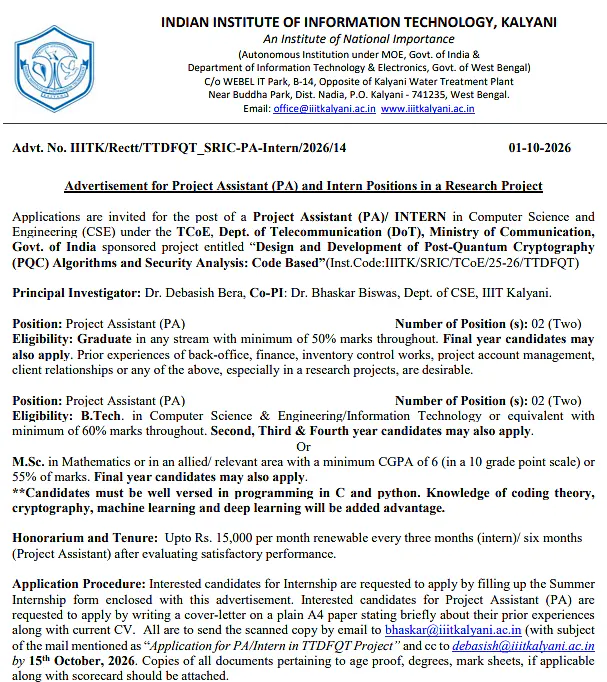 Project Assistant (PA) & Intern Recruitment 2026 at IIIT Kalyani – Computer Science & Engineering