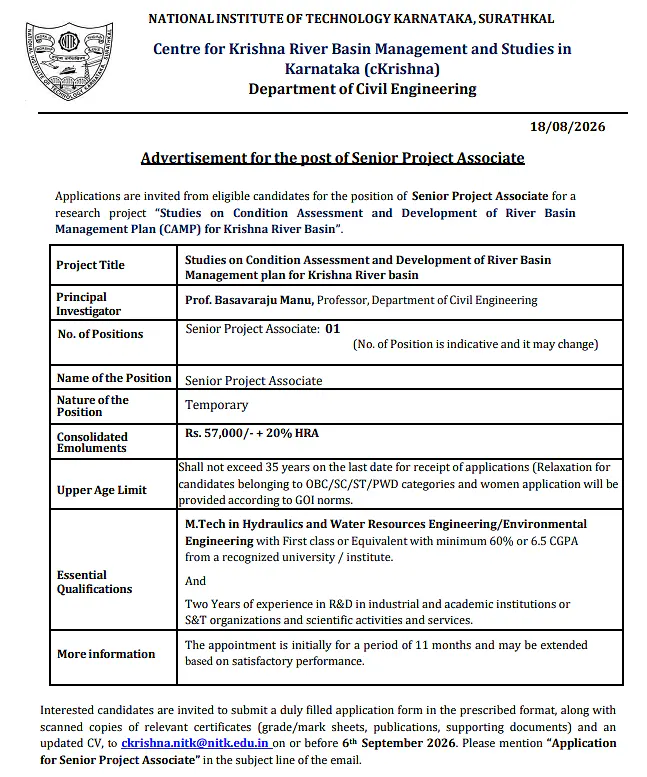 Senior Project Associate Recruitment 2026 at NIT Karnataka Surathkal – Krishna River Basin Research Project