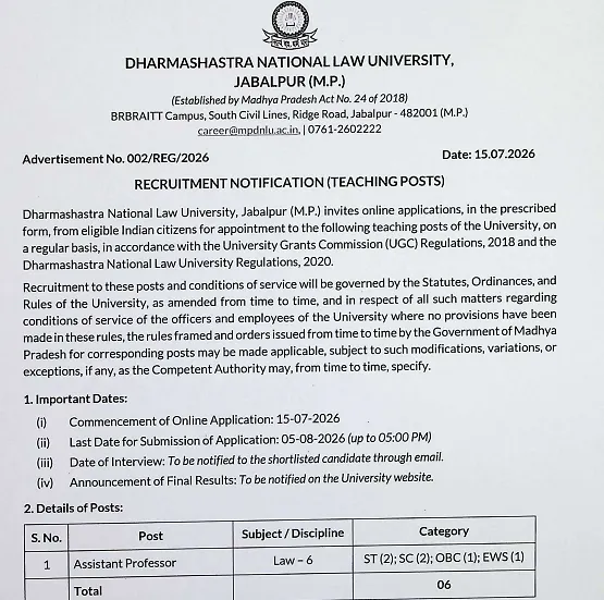 Dharmashastra National Law University Assistant Professor Recruitment 2026