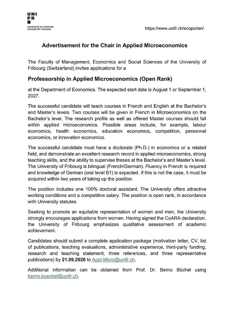 University of Fribourg Recruitment 2026: Open-Rank Professorship in Applied Microeconomics – Apply Now
