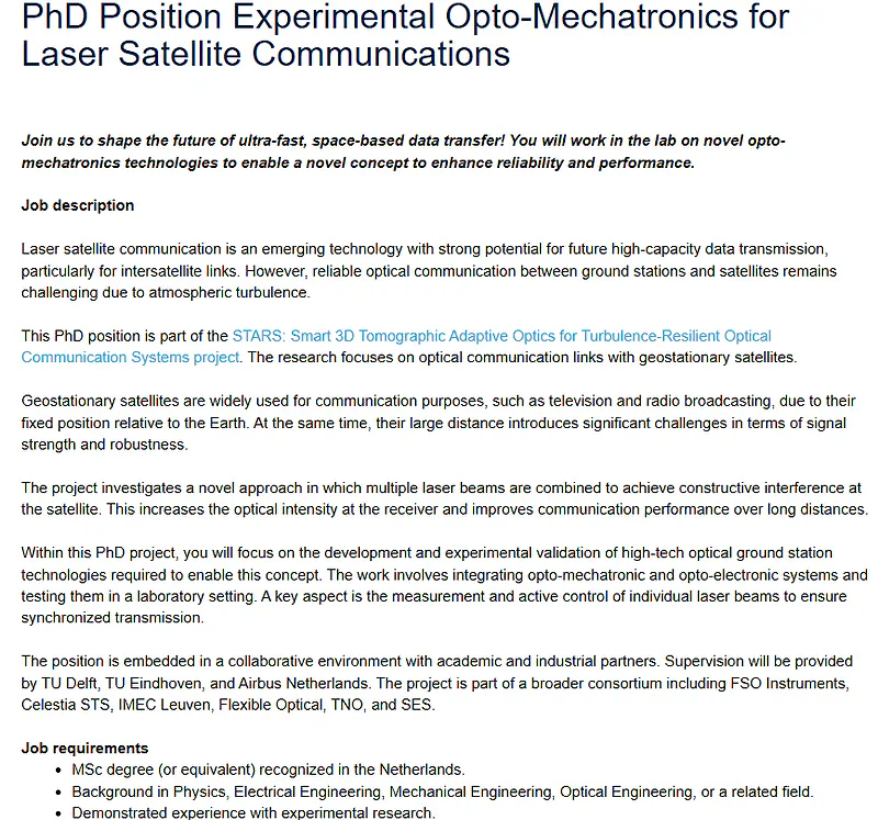 PhD Opportunity 2026 | Experimental Opto-Mechatronics for Laser Satellite Communications at TU Delft