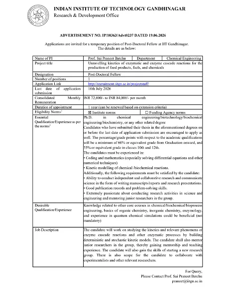IIT Gandhinagar Recruitment 2026 | Post-Doctoral Fellow Position in Chemical Engineering