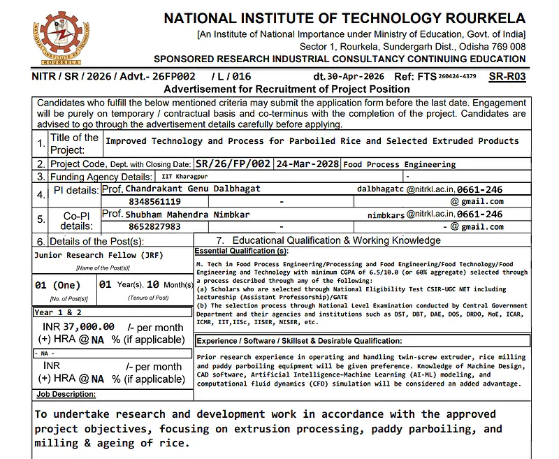 Recruitment 2026 – JRF Position at NIT Rourkela 