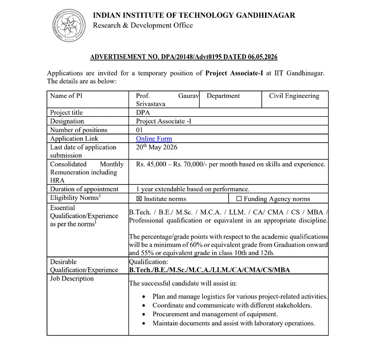 IIT Gandhinagar Recruitment 2026 -  Project Associate-I