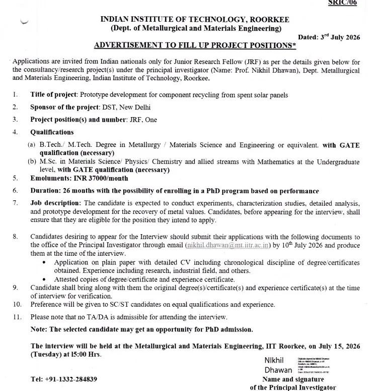 IIT Roorkee JRF Recruitment 2026 – Apply for DST Funded Project in Metallurgical & Materials Engineering