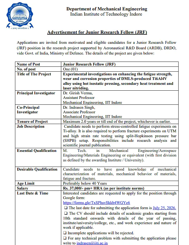 IIT Indore JRF Recruitment 2026: Junior Research Fellow (JRF) Vacancy | ARDB-DRDO Funded Project | 