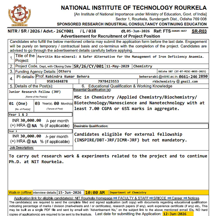NIT Rourkela Recruitment 2026: Junior Research Fellow (JRF) Position in Chemistry
