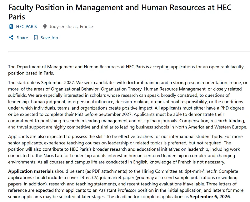 HEC Paris Recruitment 2026 | Faculty Position in Management and Human Resources (Open Rank)
