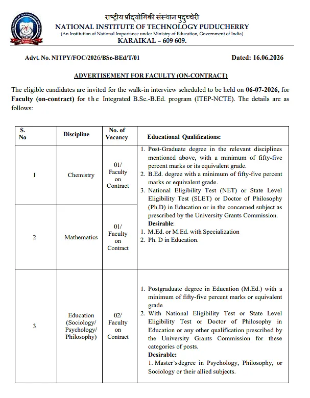NIT Puducherry Recruitment 2026: Faculty (On-Contract) Positions for ITEP Programme | Walk-in Interview
