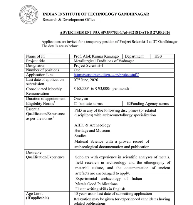 IIT Gandhinagar Recruitment 2026: Apply for Project Scientist-I Position