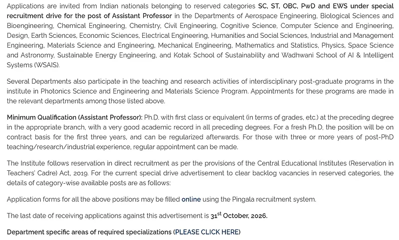Assistant Professor Recruitment 2026 at IIT Kanpur – Special Recruitment Drive for Reserved Categories