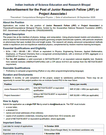 Junior Research Fellow (JRF) / Project Associate-I Recruitment 2026 at IISER Bhopal
