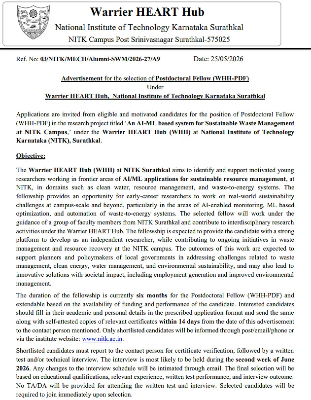 Postdoctoral Fellow (WHH-PDF) Recruitment 2026 – NITK Surathkal