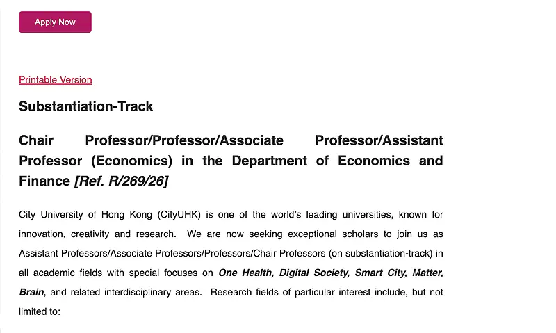 Chair Professor/Professor/Associate Professor/Assistant Professor (Economics) – City University of Hong Kong