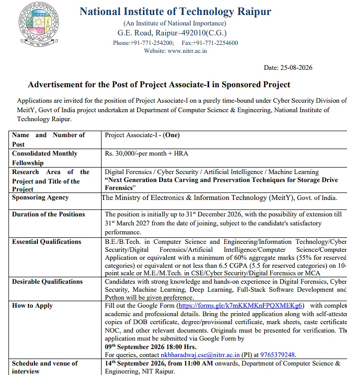 Project Associate-I Recruitment 2026 at NIT Raipur – MeitY-Funded Cyber Security & Digital Forensics Project